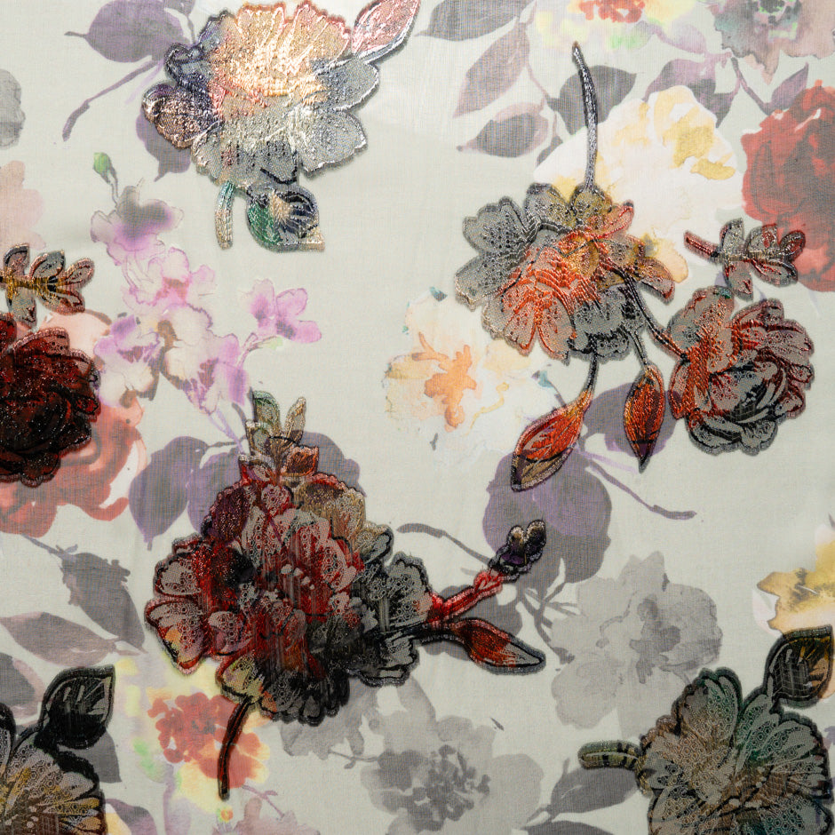 Red Metallic Floral on Floral Printed Silk Chiffon