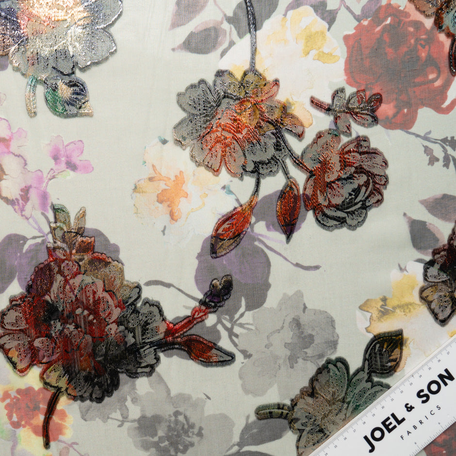 Red Metallic Floral on Floral Printed Silk Chiffon