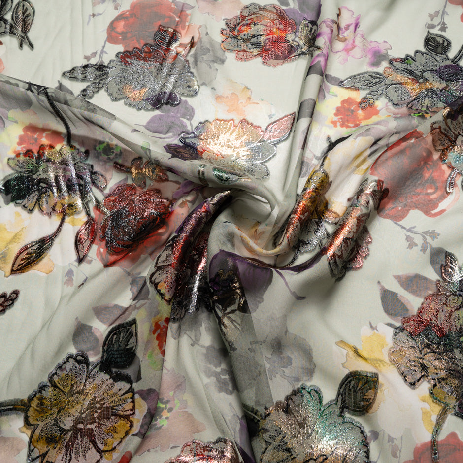 Red Metallic Floral on Floral Printed Silk Chiffon