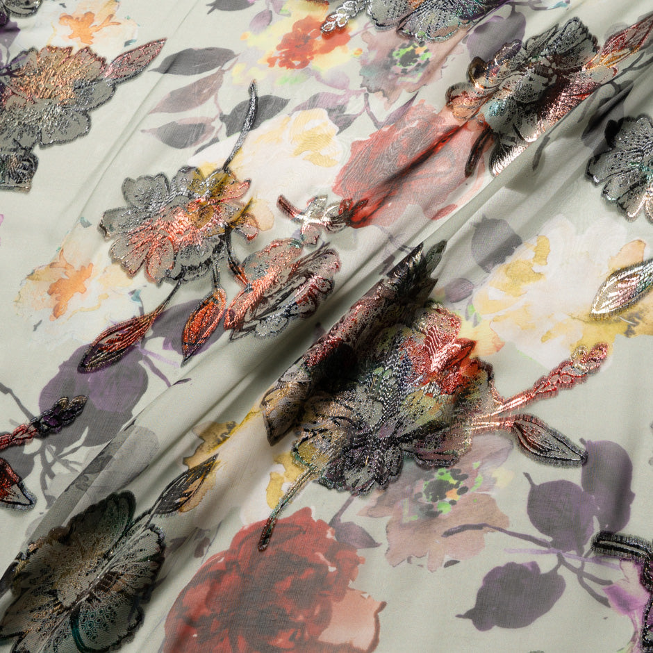 Red Metallic Floral on Floral Printed Silk Chiffon