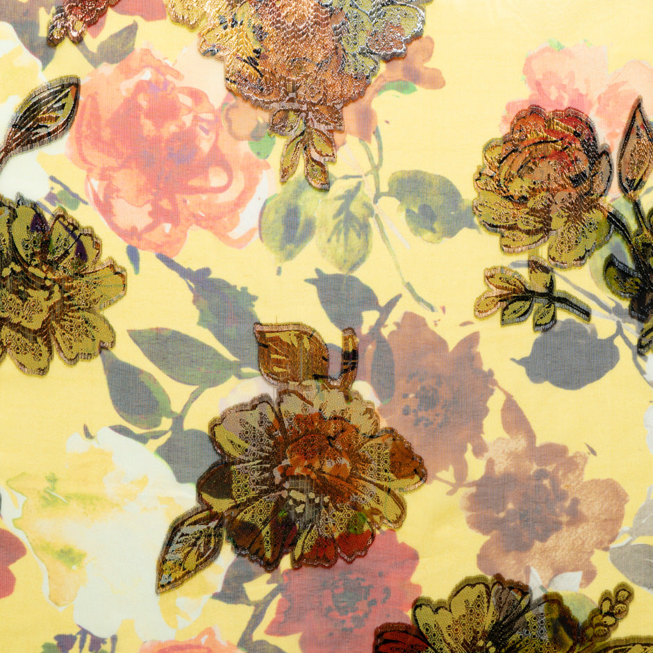 Metallic Floral on Floral Printed Yellow Silk Chiffon