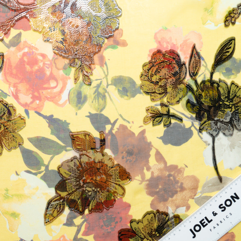 Metallic Floral on Floral Printed Yellow Silk Chiffon