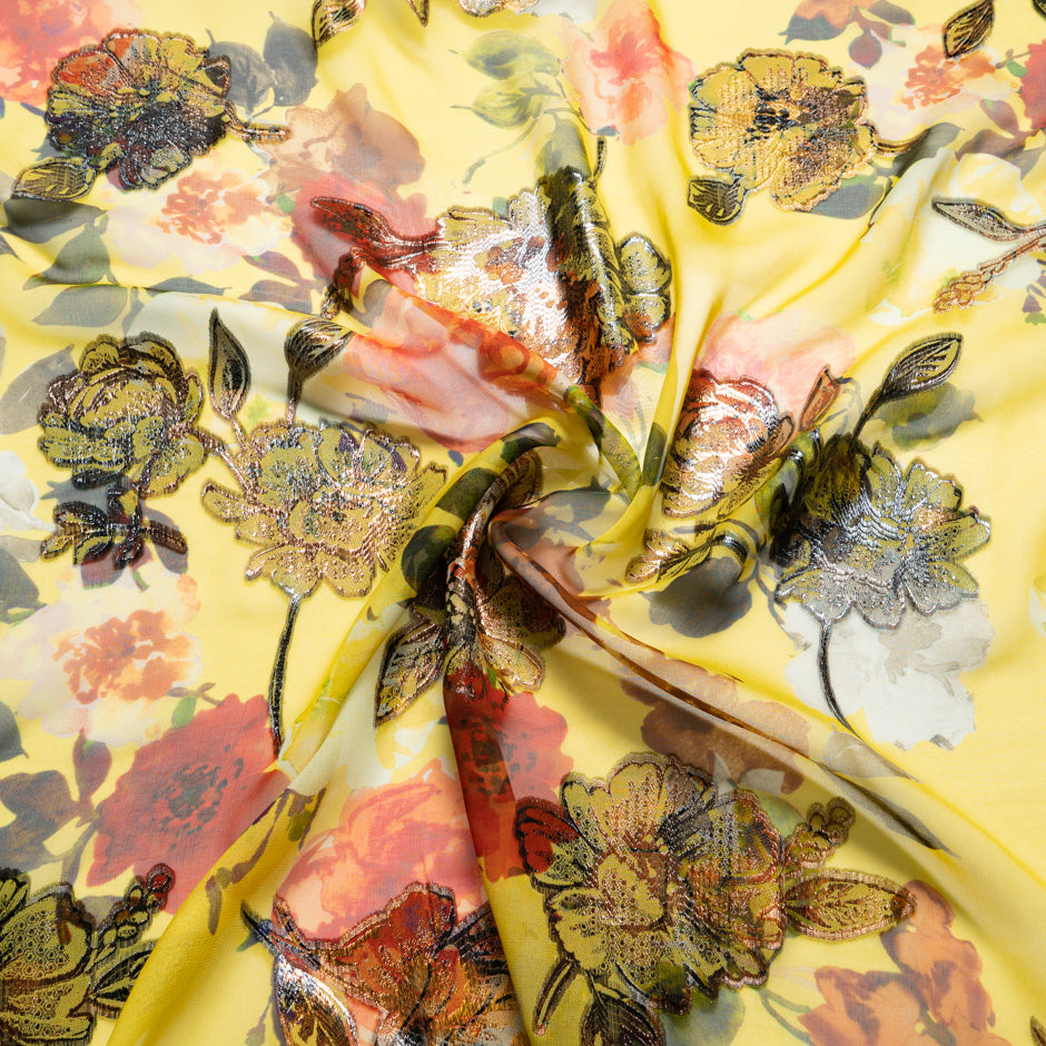 Metallic Floral on Floral Printed Yellow Silk Chiffon
