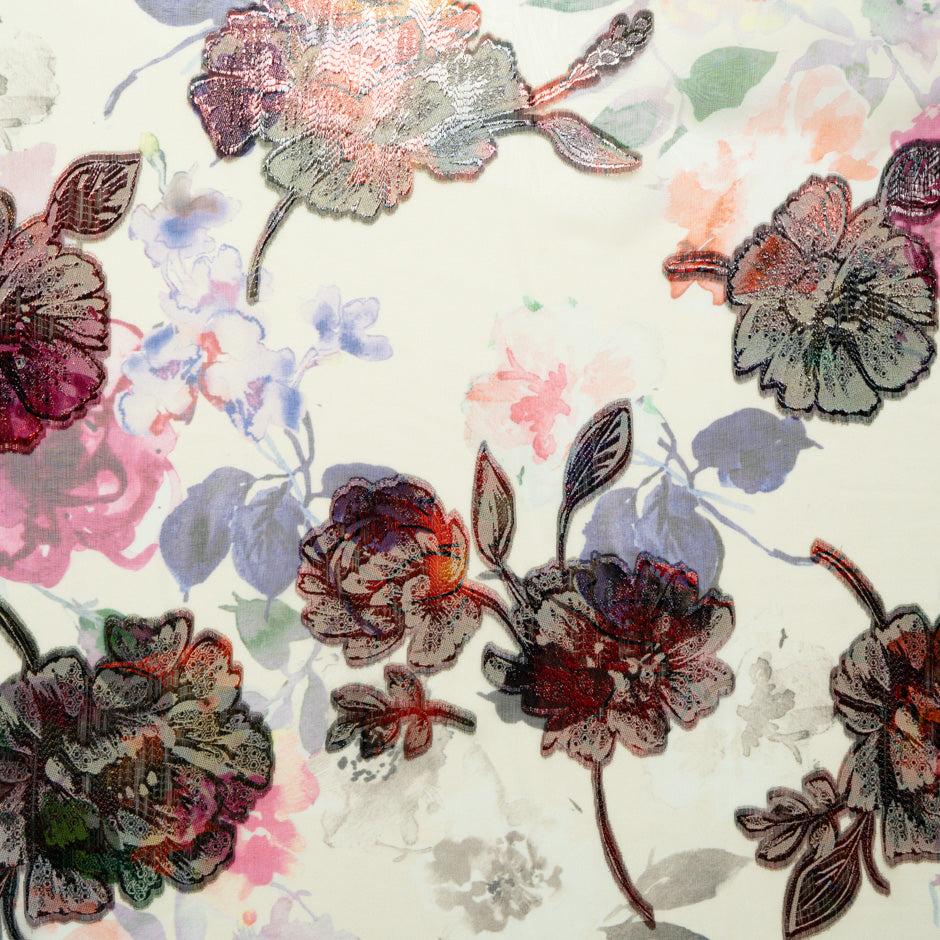Multi Metallic Floral Printed Ivory Silk Chiffon