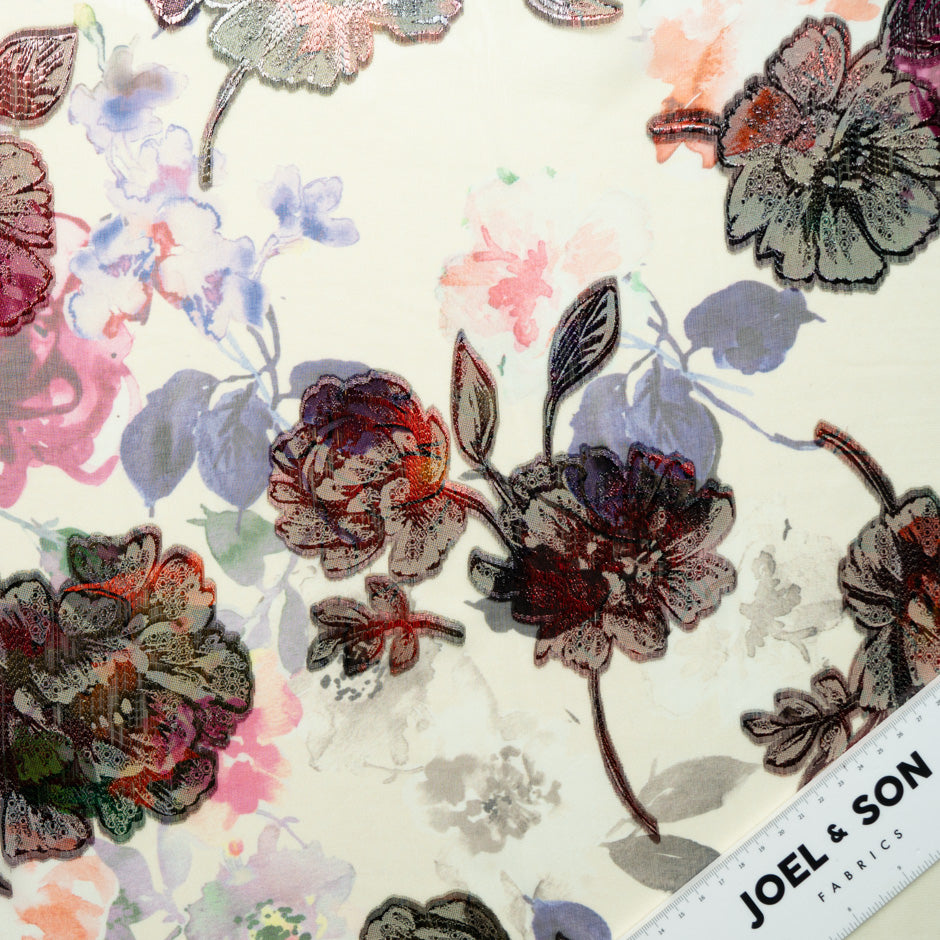 Multi Metallic Floral Printed Ivory Silk Chiffon