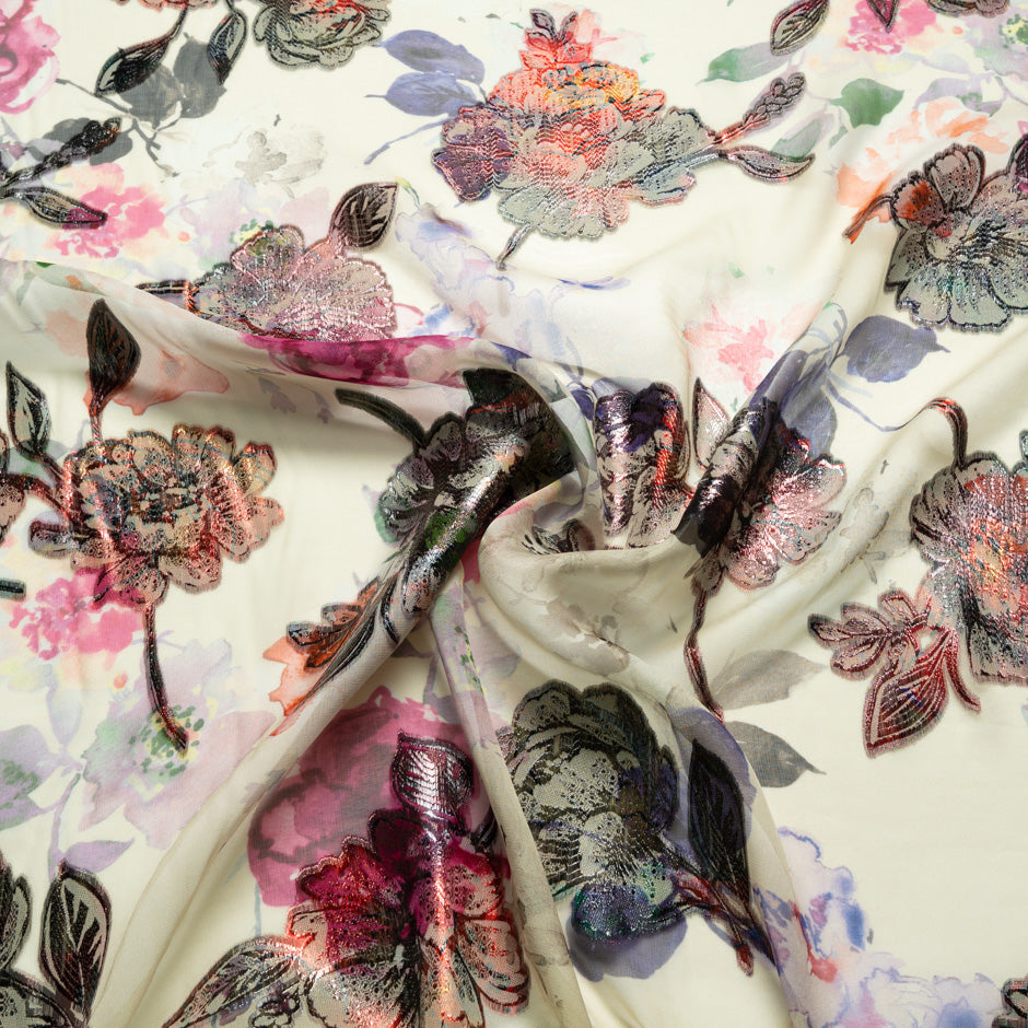 Multi Metallic Floral Printed Ivory Silk Chiffon