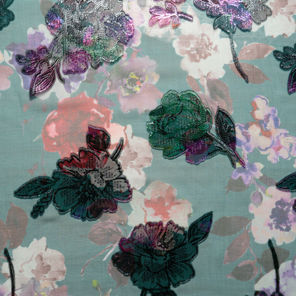 Metallic Floral on Floral Printed Green Silk Chiffon