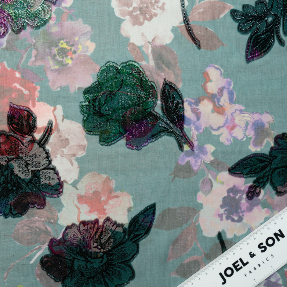 Metallic Floral on Floral Printed Green Silk Chiffon
