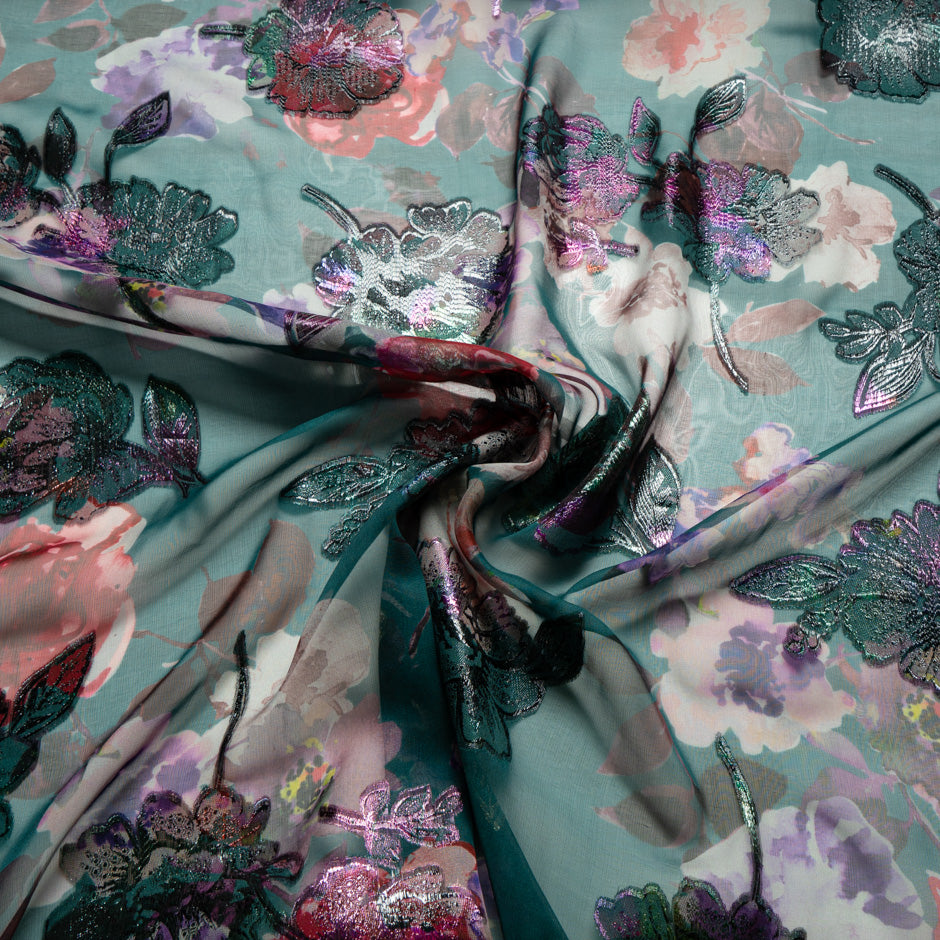 Metallic Floral on Floral Printed Green Silk Chiffon