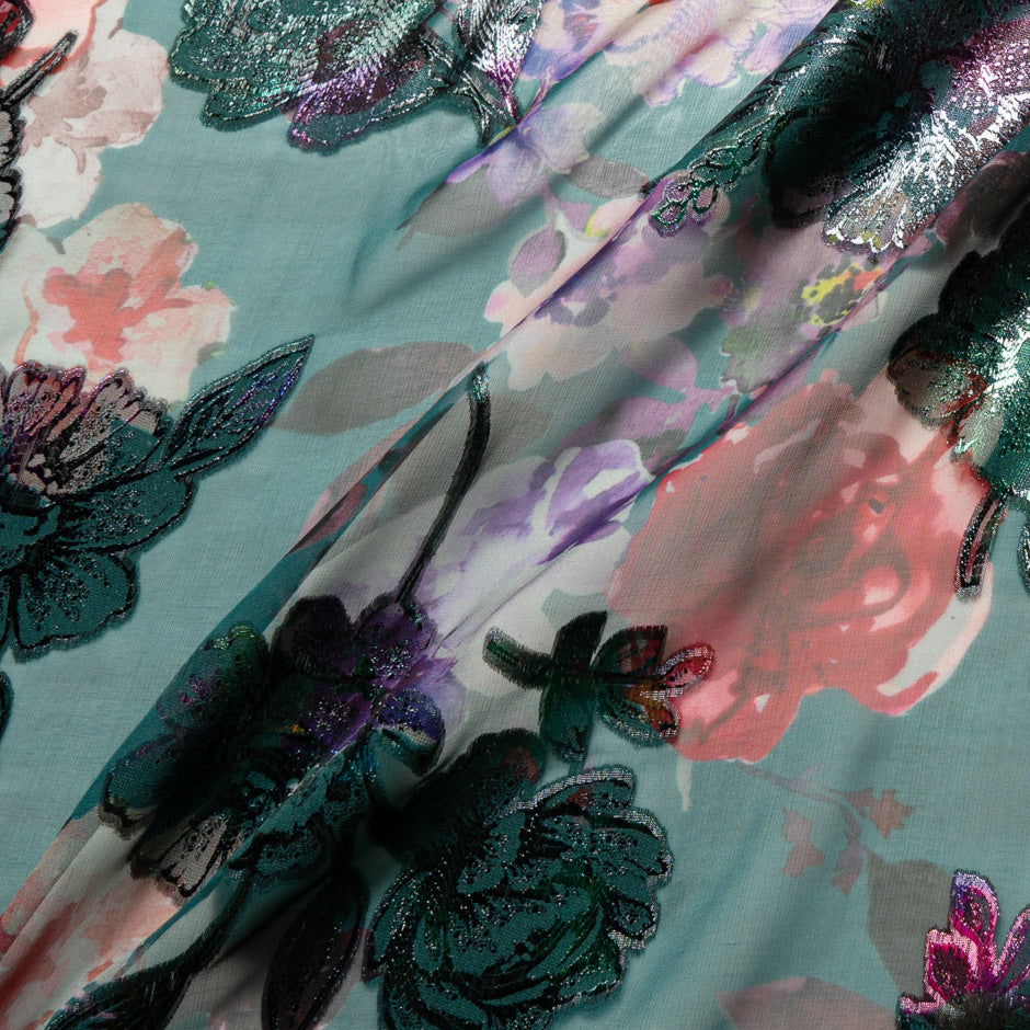 Metallic Floral on Floral Printed Green Silk Chiffon