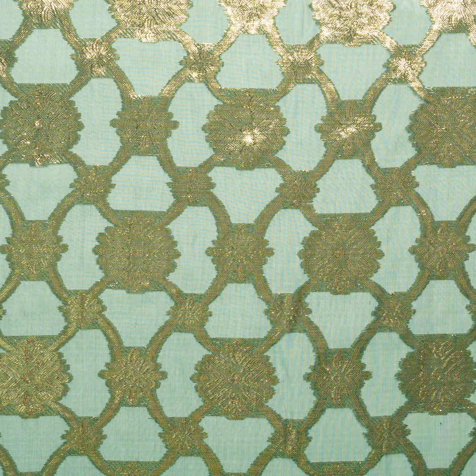 Gold Metallic Jacquard Green Silk Chiffon