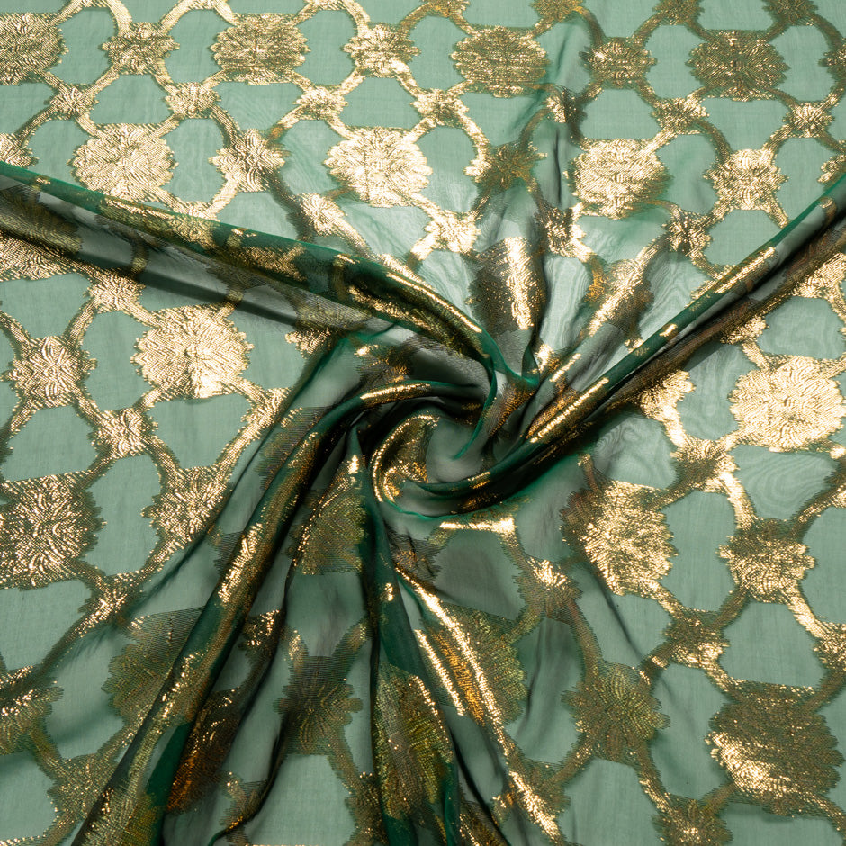 Gold Metallic Jacquard Green Silk Chiffon