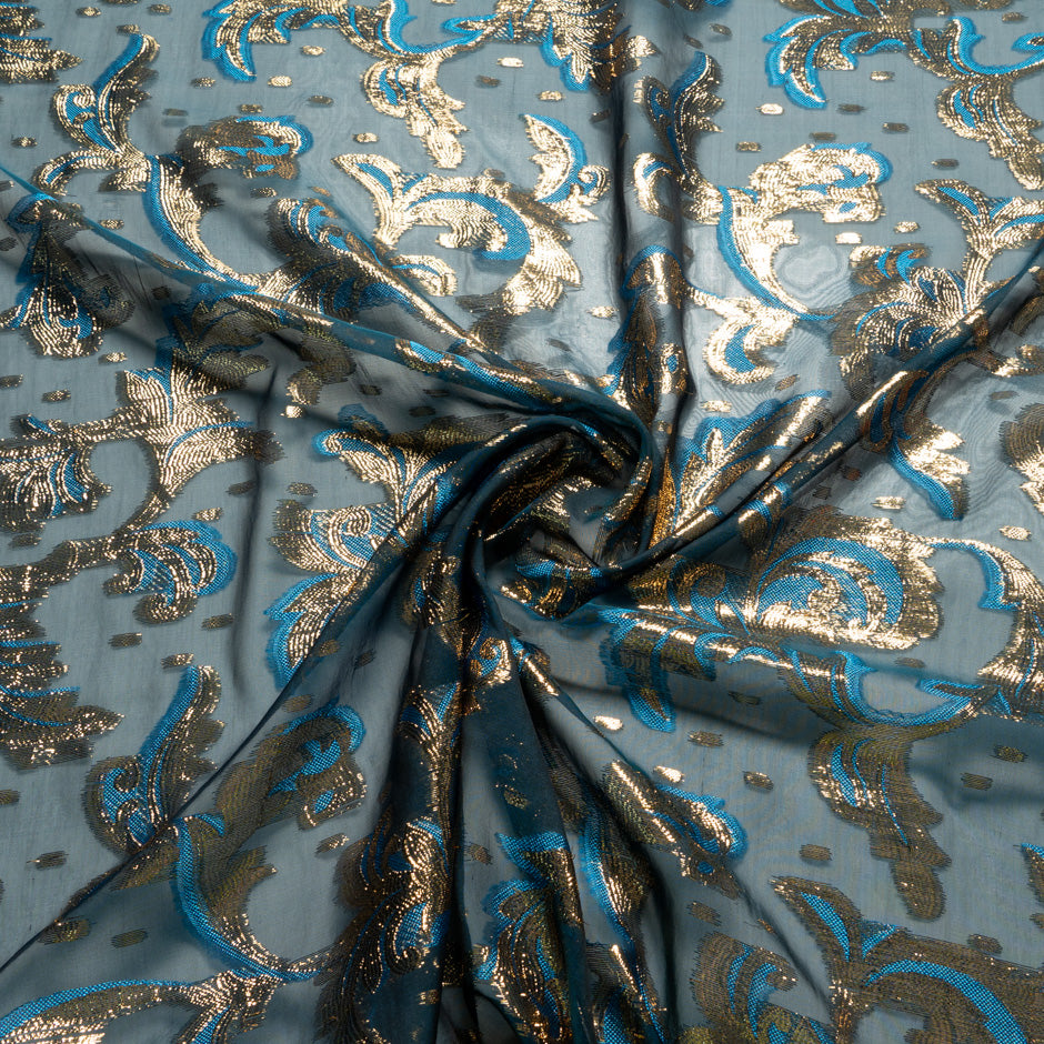 Turquoise Metallic Patterned Silk Chiffon