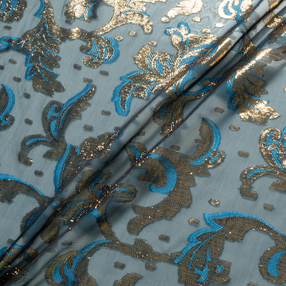 Turquoise Metallic Patterned Silk Chiffon