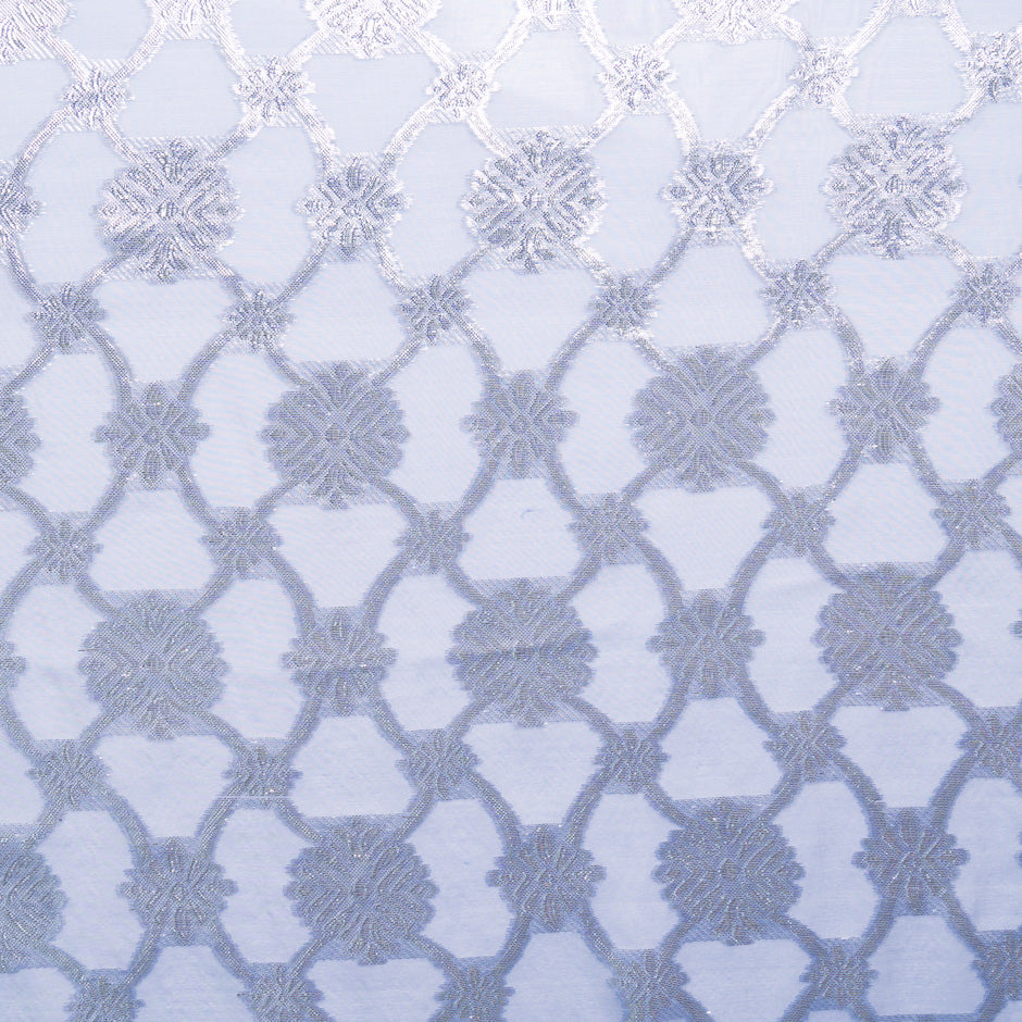 Silver Metallic Jacquard Blue Silk Chiffon