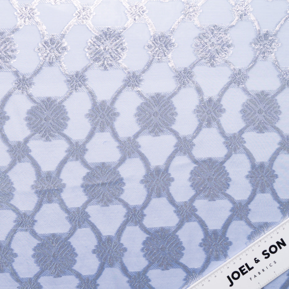 Silver Metallic Jacquard Blue Silk Chiffon