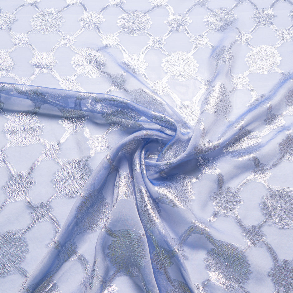 Silver Metallic Jacquard Blue Silk Chiffon