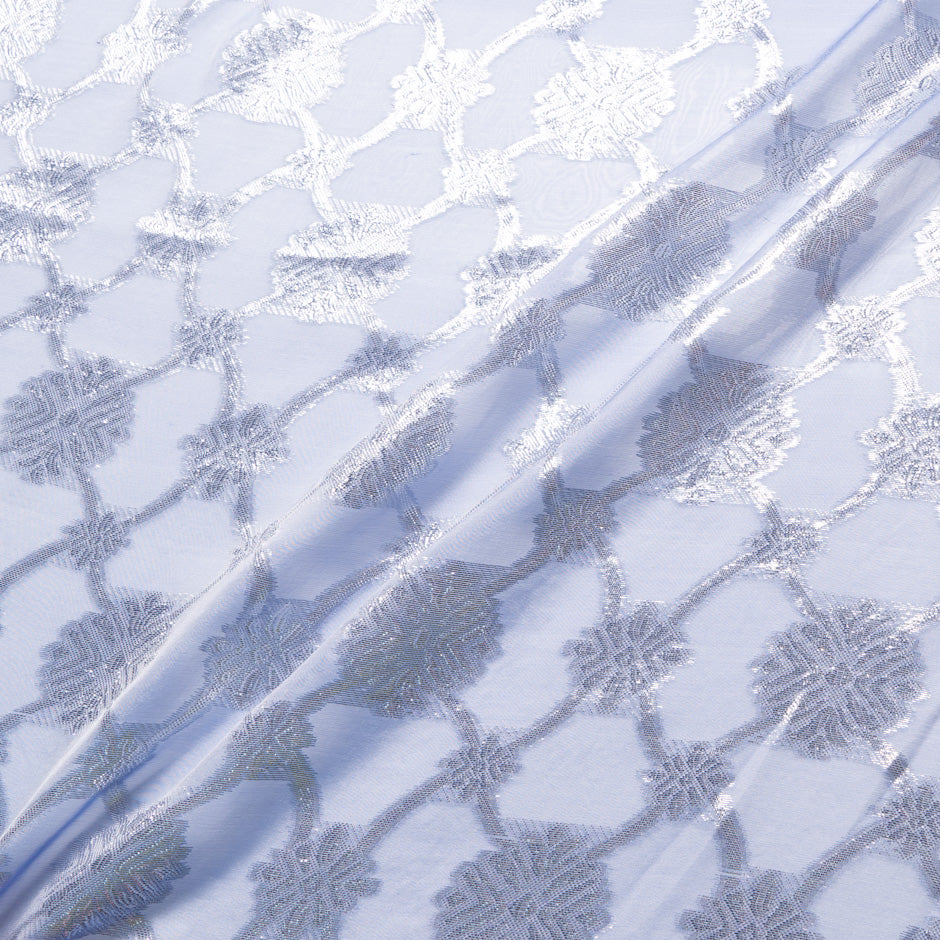 Silver Metallic Jacquard Blue Silk Chiffon
