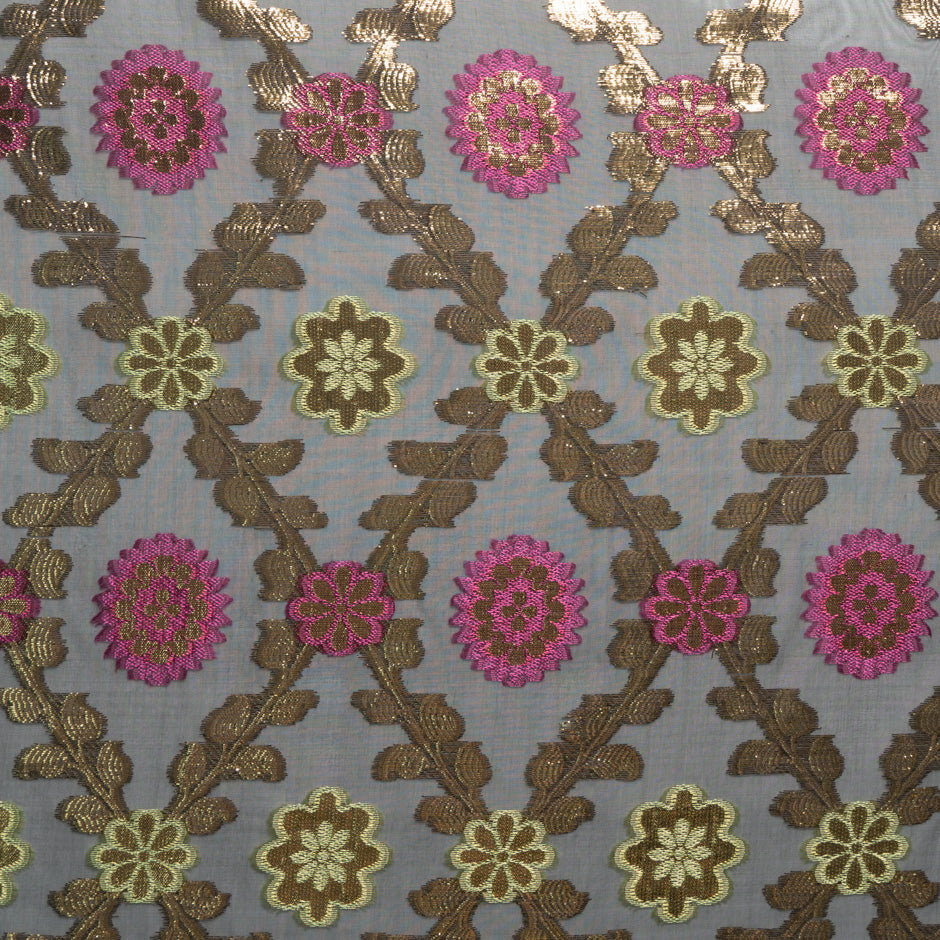 Fuchsia & Gold Floral Jacquard Black Silk Chiffon