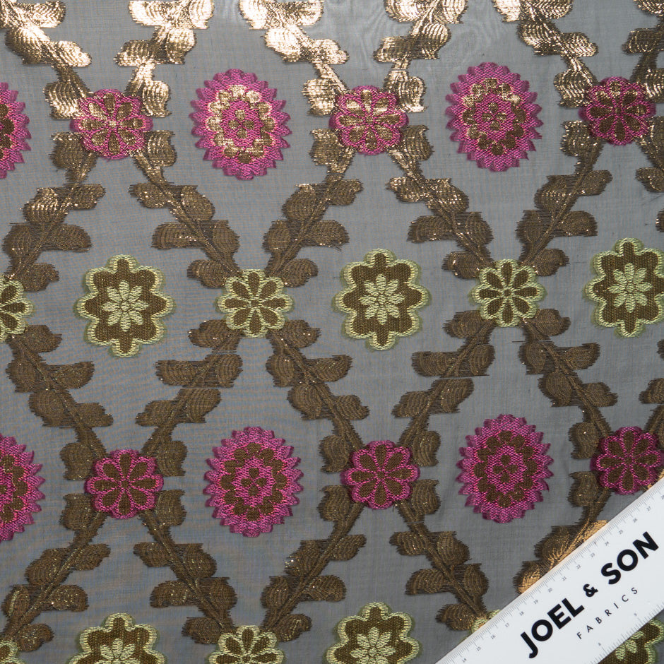 Fuchsia & Gold Floral Jacquard Black Silk Chiffon
