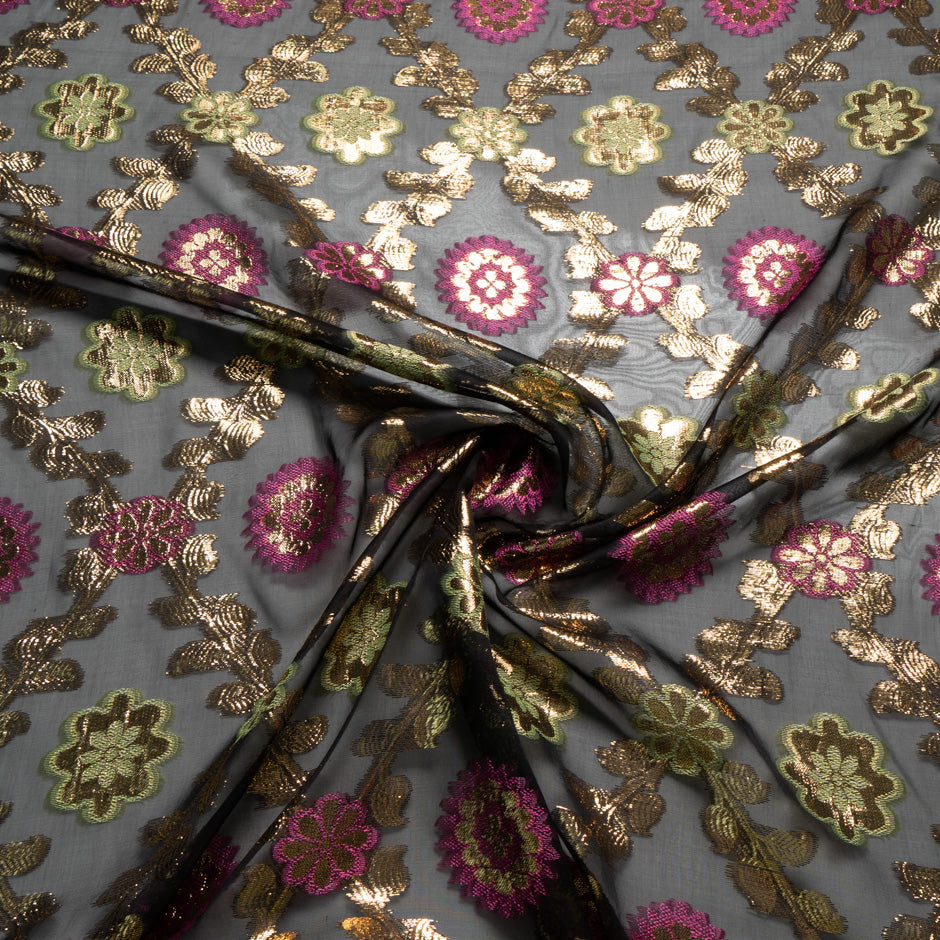 Fuchsia & Gold Floral Jacquard Black Silk Chiffon