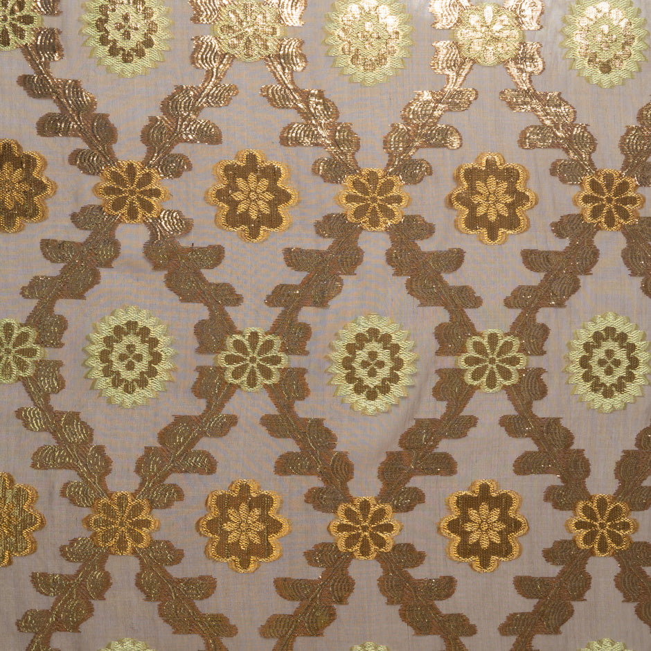 Gold Floral Jacquard Brown Silk Chiffon