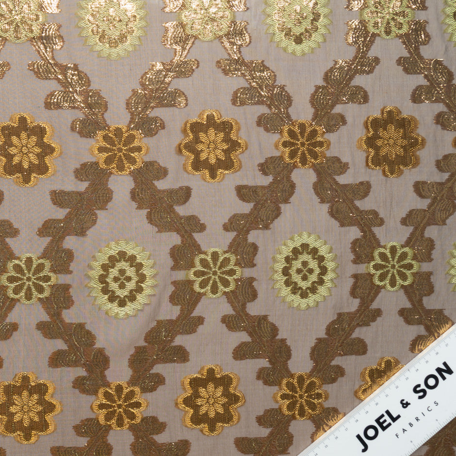 Gold Floral Jacquard Brown Silk Chiffon