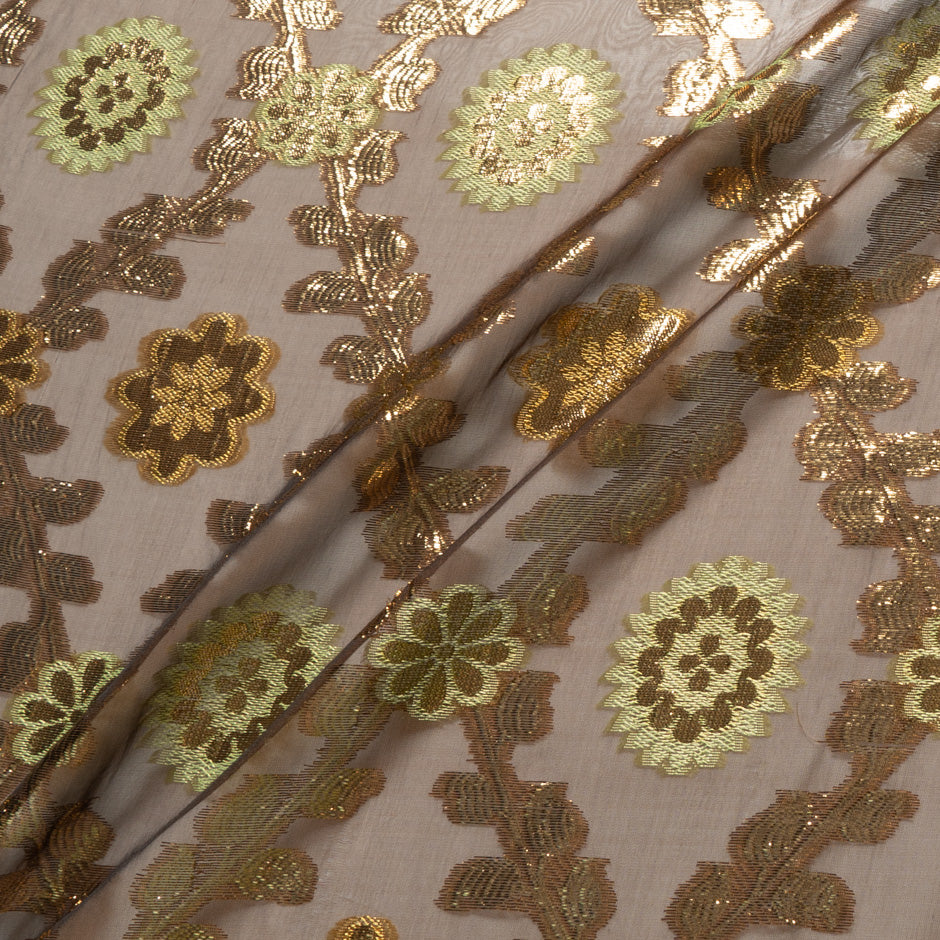 Gold Floral Jacquard Brown Silk Chiffon