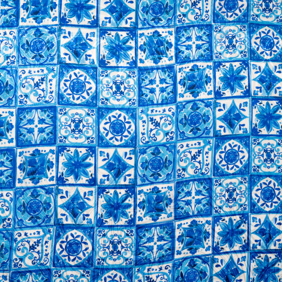 Blue 'Tile' Printed Silk Jacquard