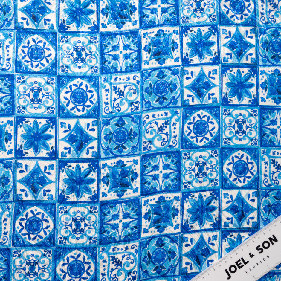 Blue 'Tile' Printed Silk Jacquard