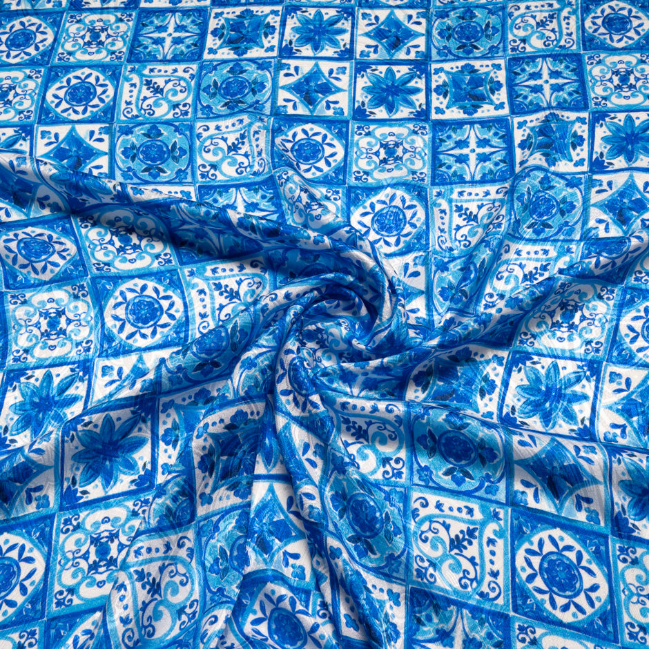Blue 'Tile' Printed Silk Jacquard