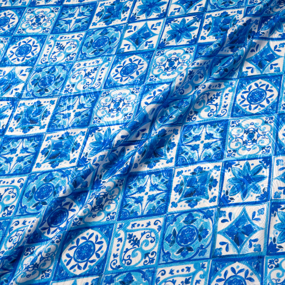 Blue 'Tile' Printed Silk Jacquard
