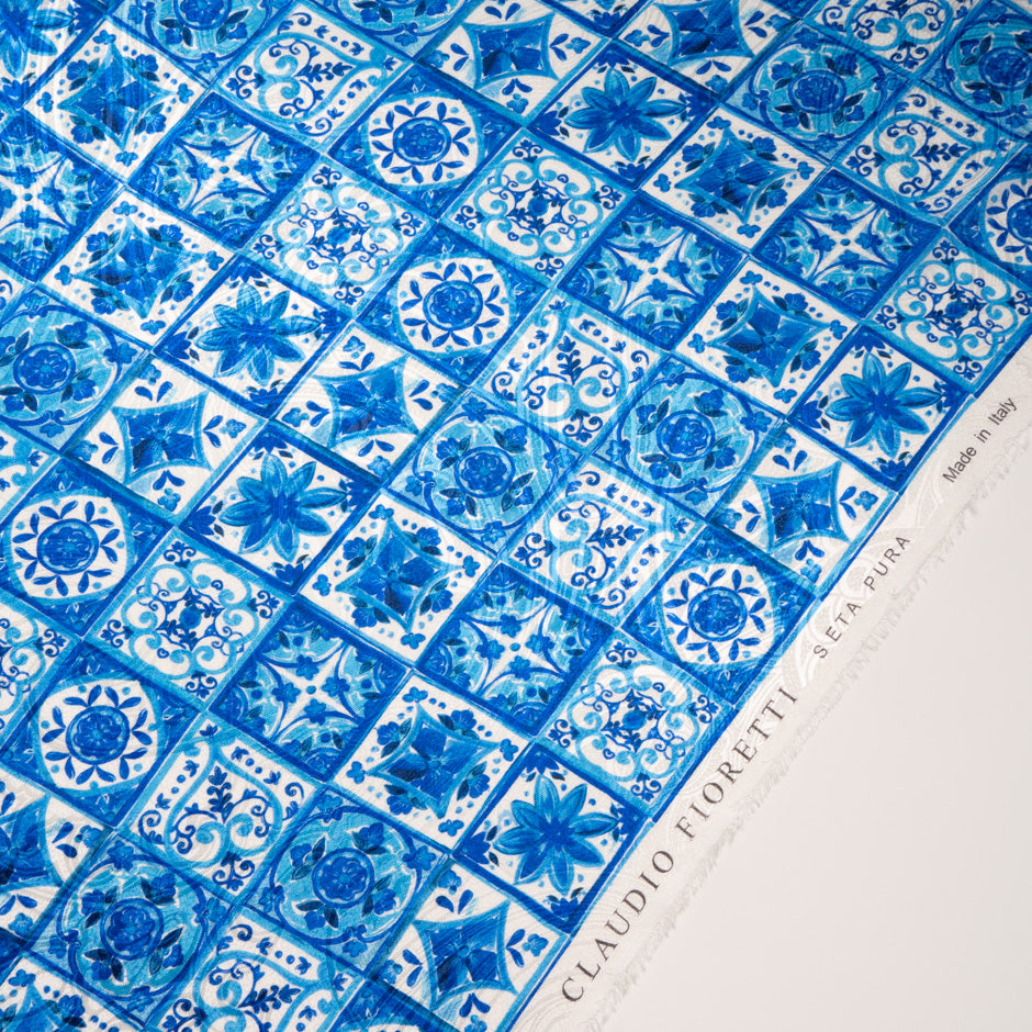 Blue 'Tile' Printed Silk Jacquard