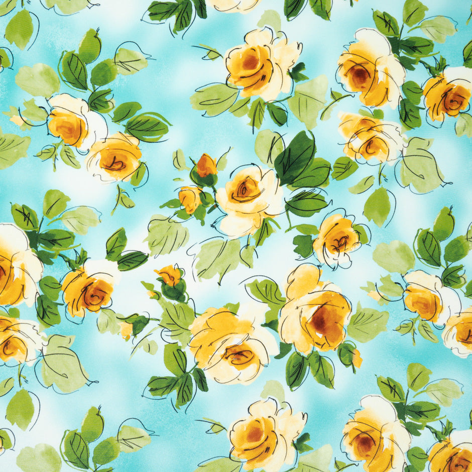 Yellow Floral Printed Aqua Blue Silk Crêpe de Chine