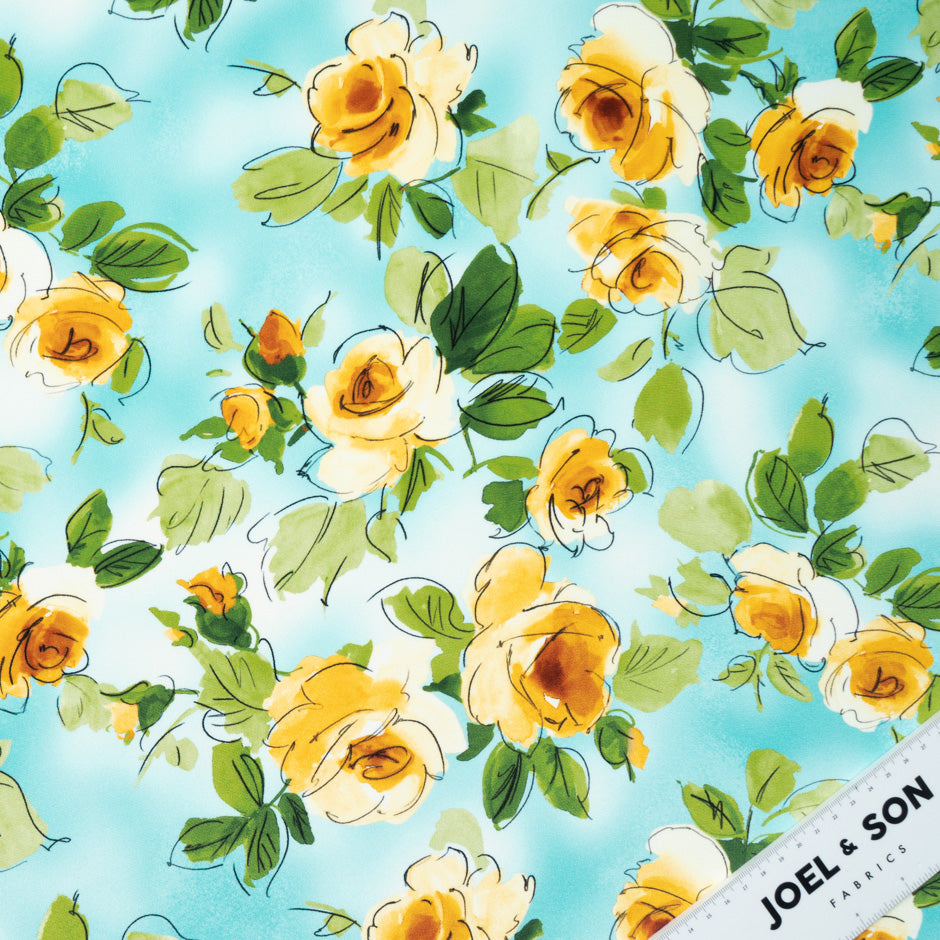 Yellow Floral Printed Aqua Blue Silk Crêpe de Chine