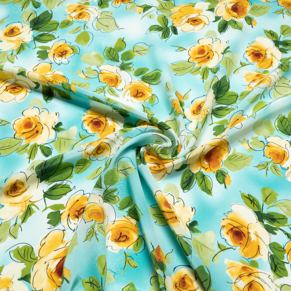 Yellow Floral Printed Aqua Blue Silk Crêpe de Chine