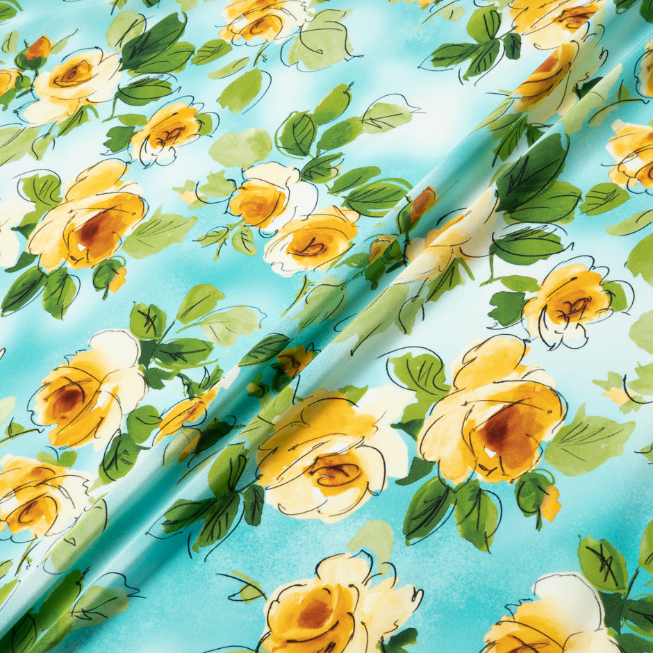 Yellow Floral Printed Aqua Blue Silk Crêpe de Chine