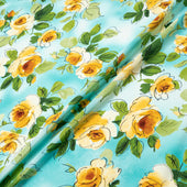 Yellow Floral Printed Aqua Blue Silk Crêpe de Chine (A 2m Piece)
