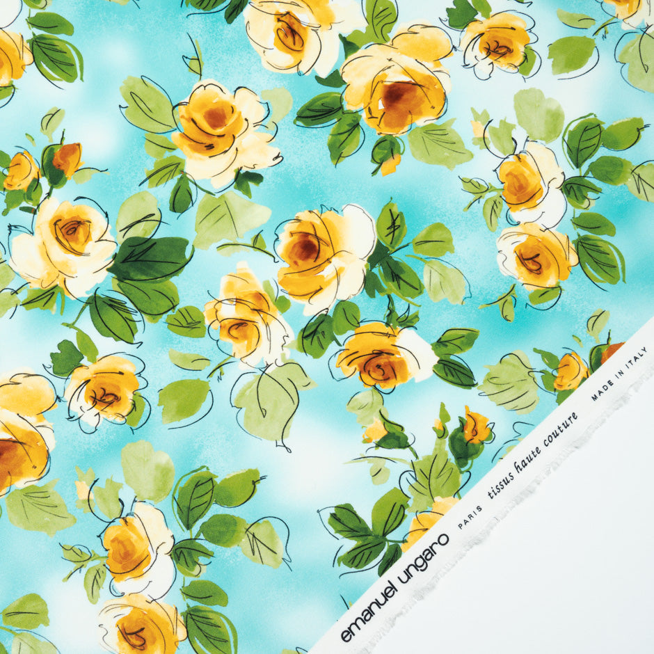 Yellow Floral Printed Aqua Blue Silk Crêpe de Chine