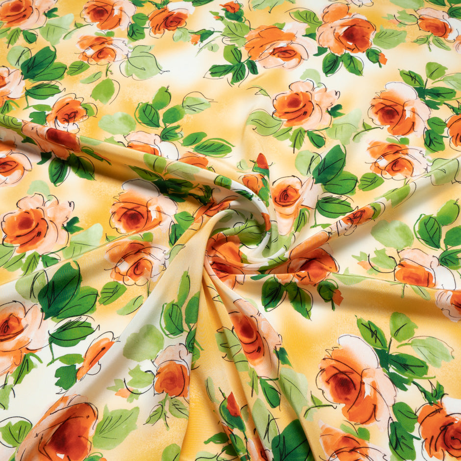 Orange Floral Printed Silk Crêpe de Chine