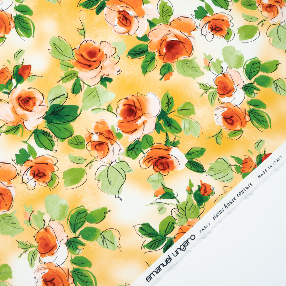 Orange Floral Printed Silk Crêpe de Chine