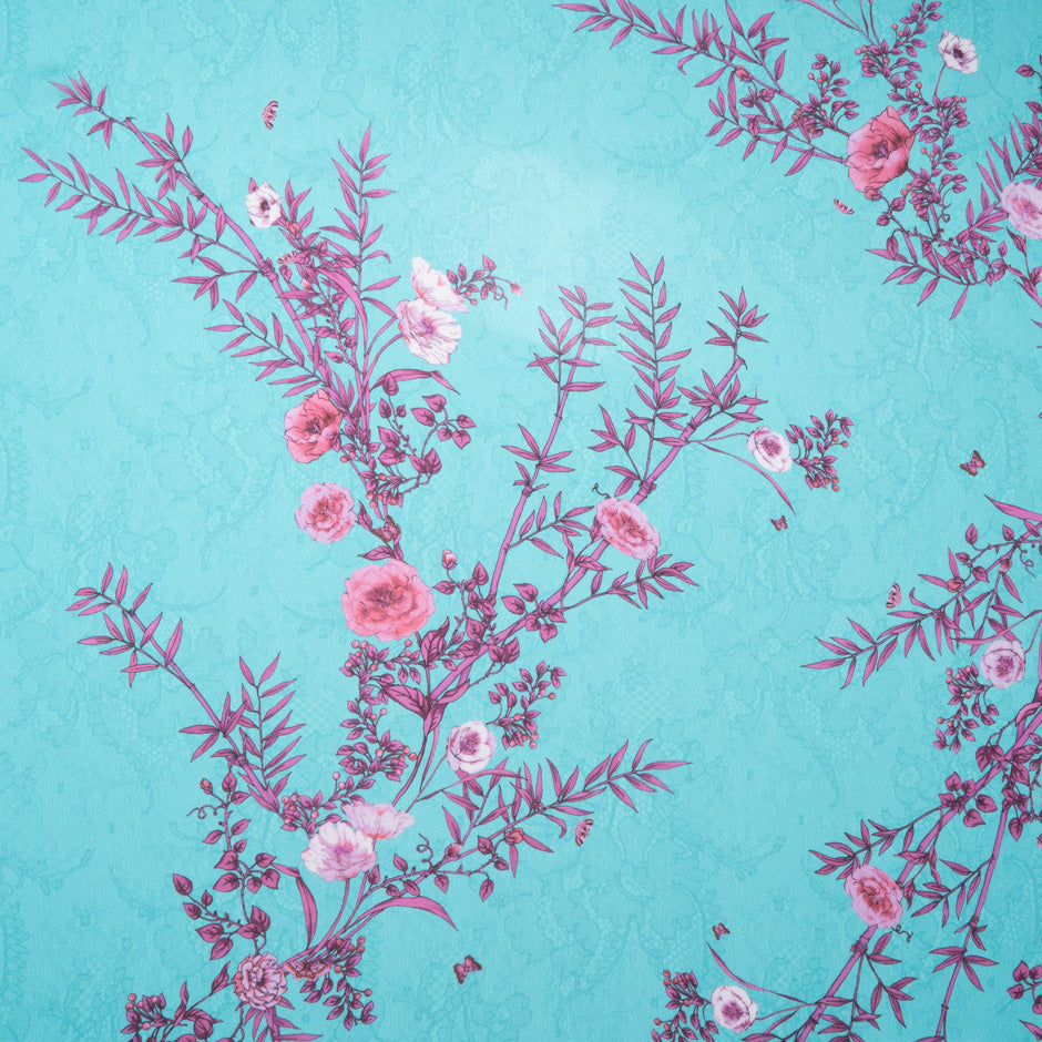 Pink Floral Printed Turquoise Lace Pure Silk Chiffon