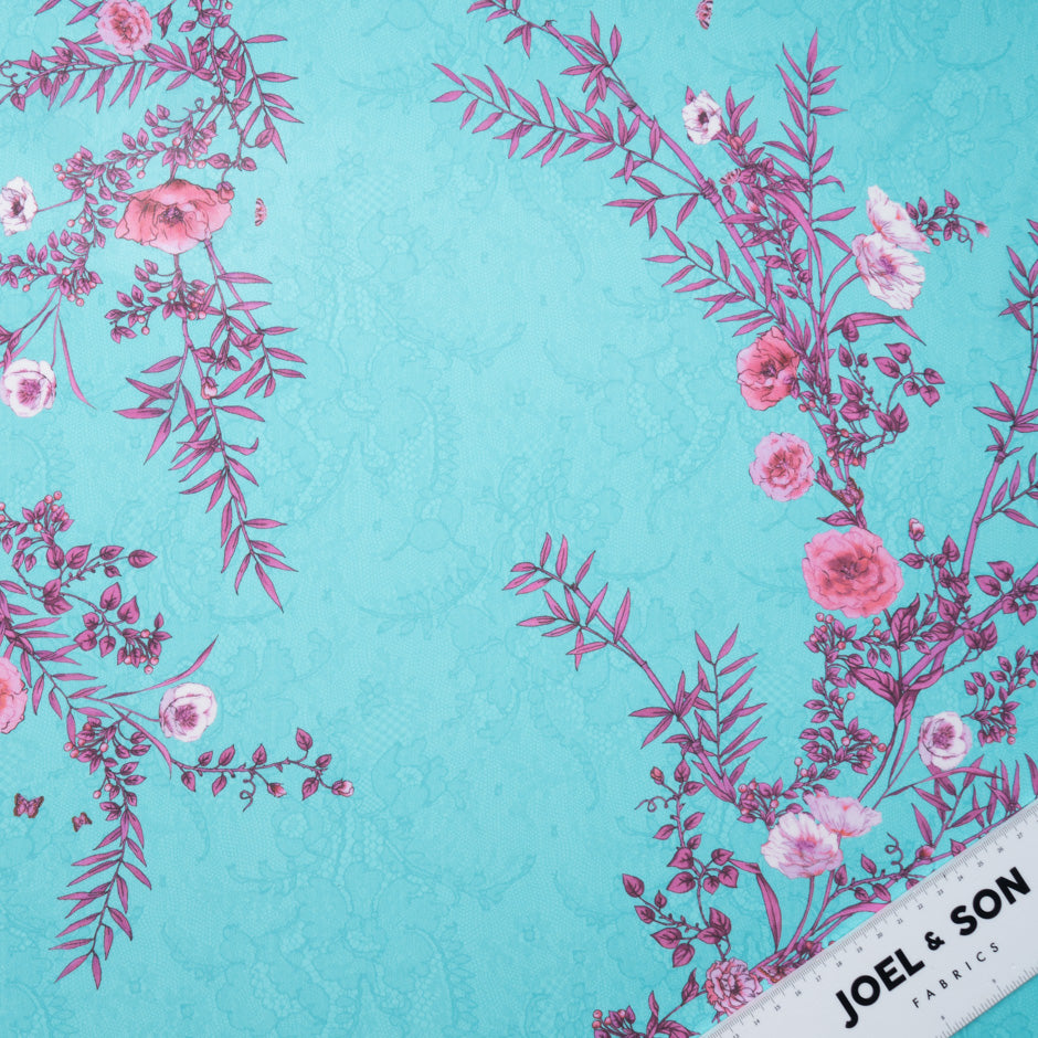 Pink Floral Printed Turquoise Lace Pure Silk Chiffon