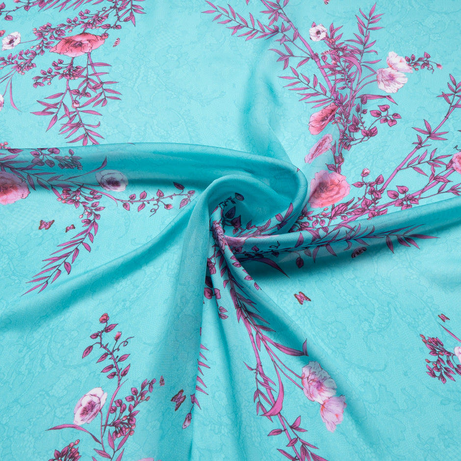 Pink Floral Printed Turquoise Lace Pure Silk Chiffon