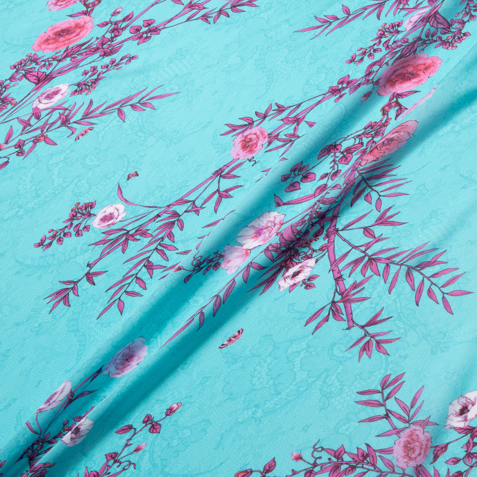 Pink Floral Printed Turquoise Lace Pure Silk Chiffon