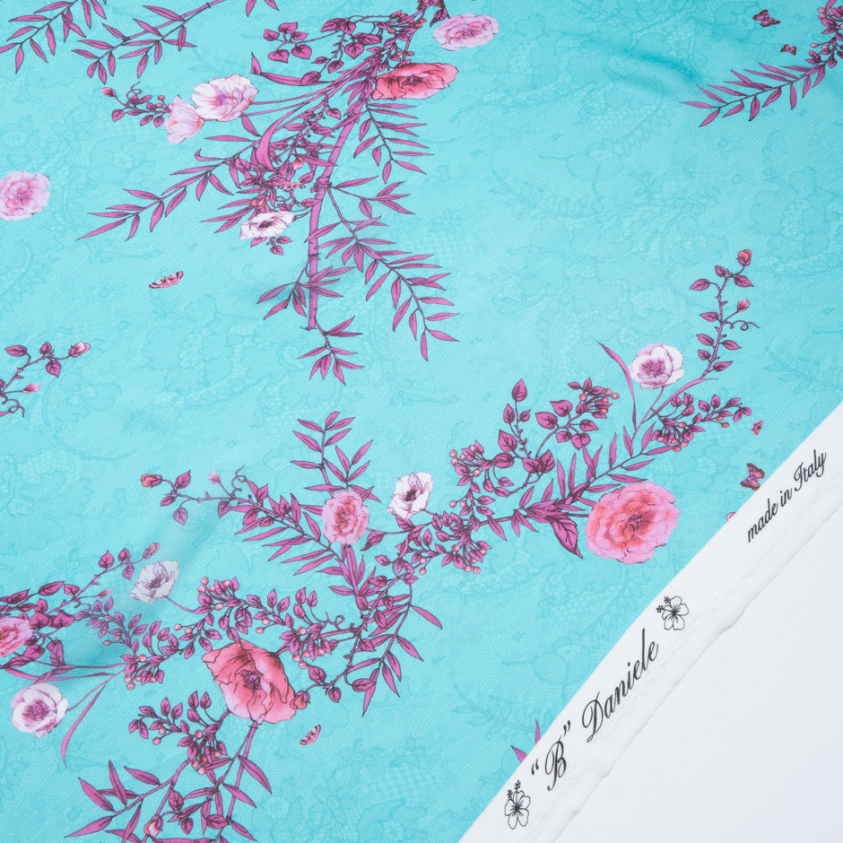 Pink Floral Printed Turquoise Lace Pure Silk Chiffon