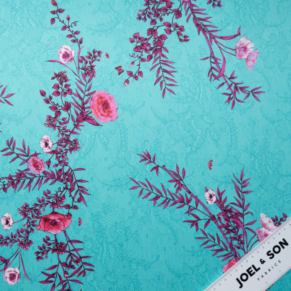 Pink Floral Printed Turquoise Lace Double Silk Crêpe