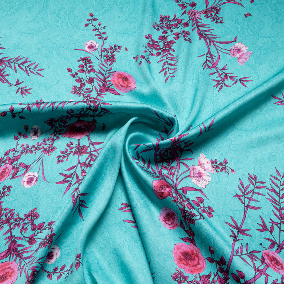 Pink Floral Printed Turquoise Lace Double Silk Crêpe