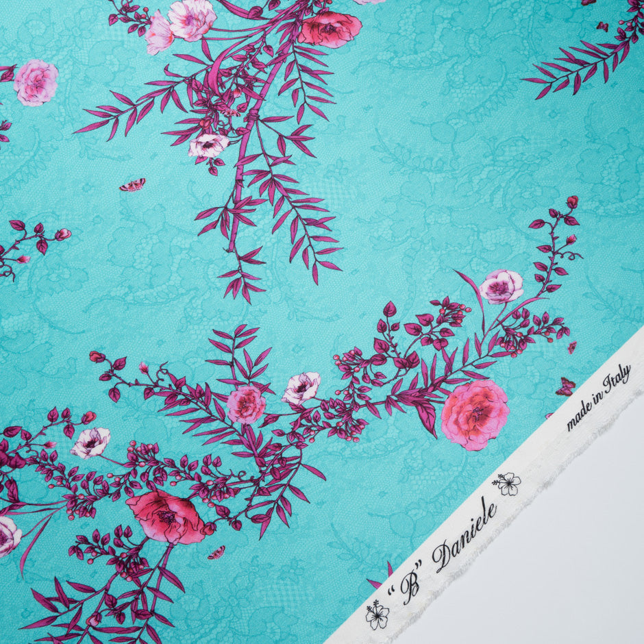 Pink Floral Printed Turquoise Lace Double Silk Crêpe