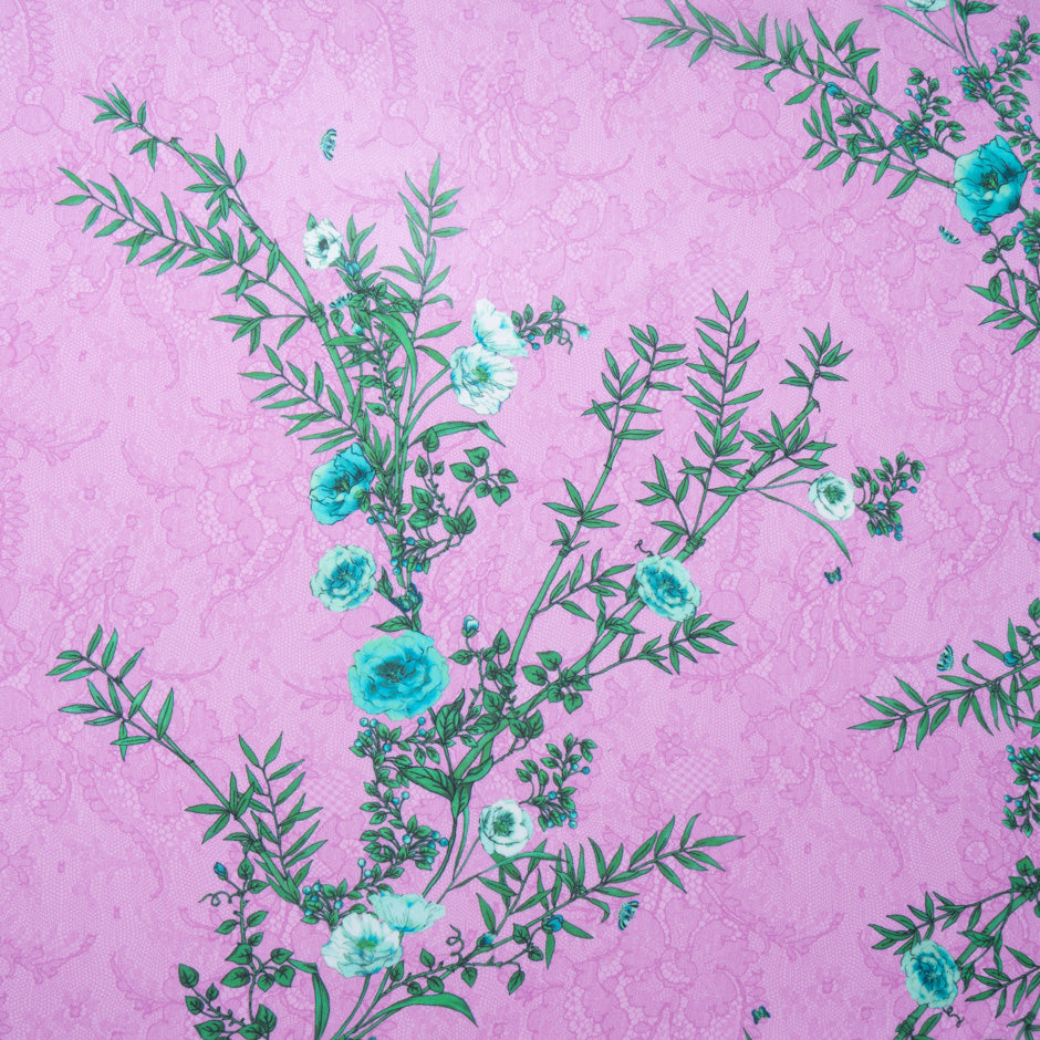 Green Floral Printed Fuchsia Lace Pure Silk Chiffon